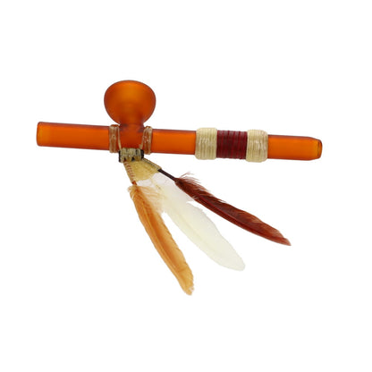 Owls Feather Glass Small Brown Peace Pipe with 3 Feathers