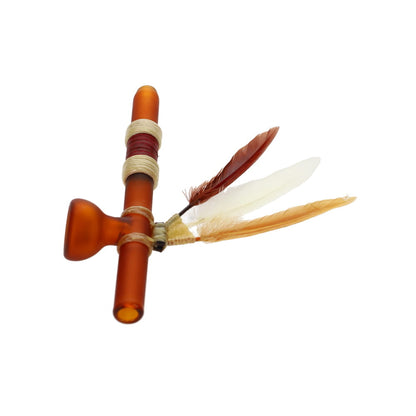 Owls Feather Glass Small Brown Peace Pipe with 3 Feathers