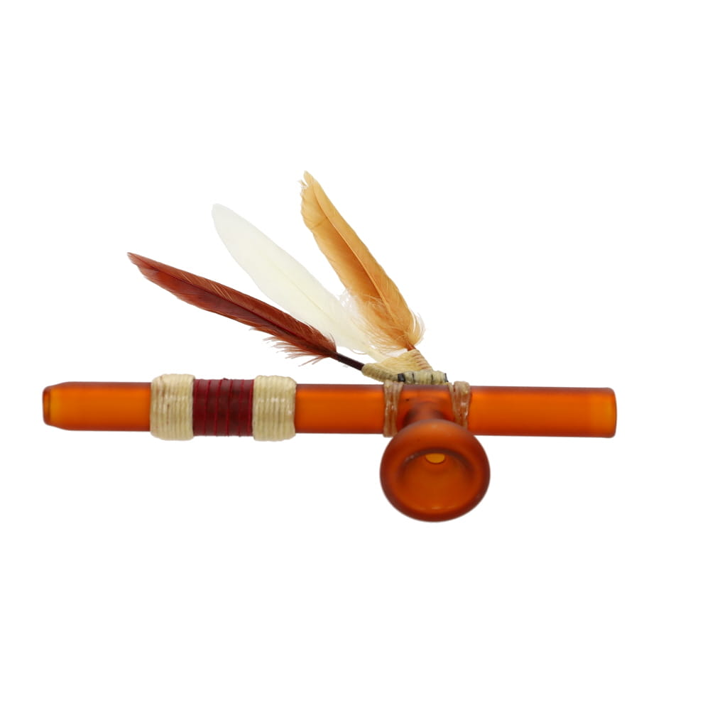 Owls Feather Glass Small Brown Peace Pipe with 3 Feathers