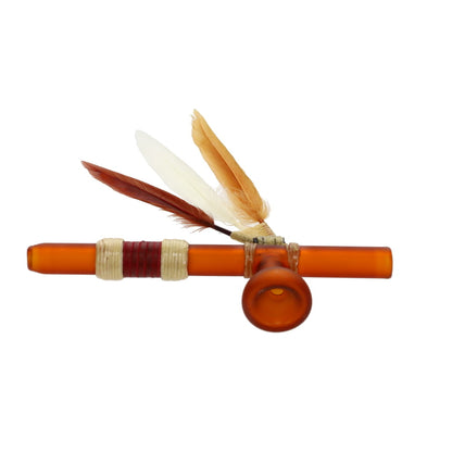 Owls Feather Glass Small Brown Peace Pipe with 3 Feathers