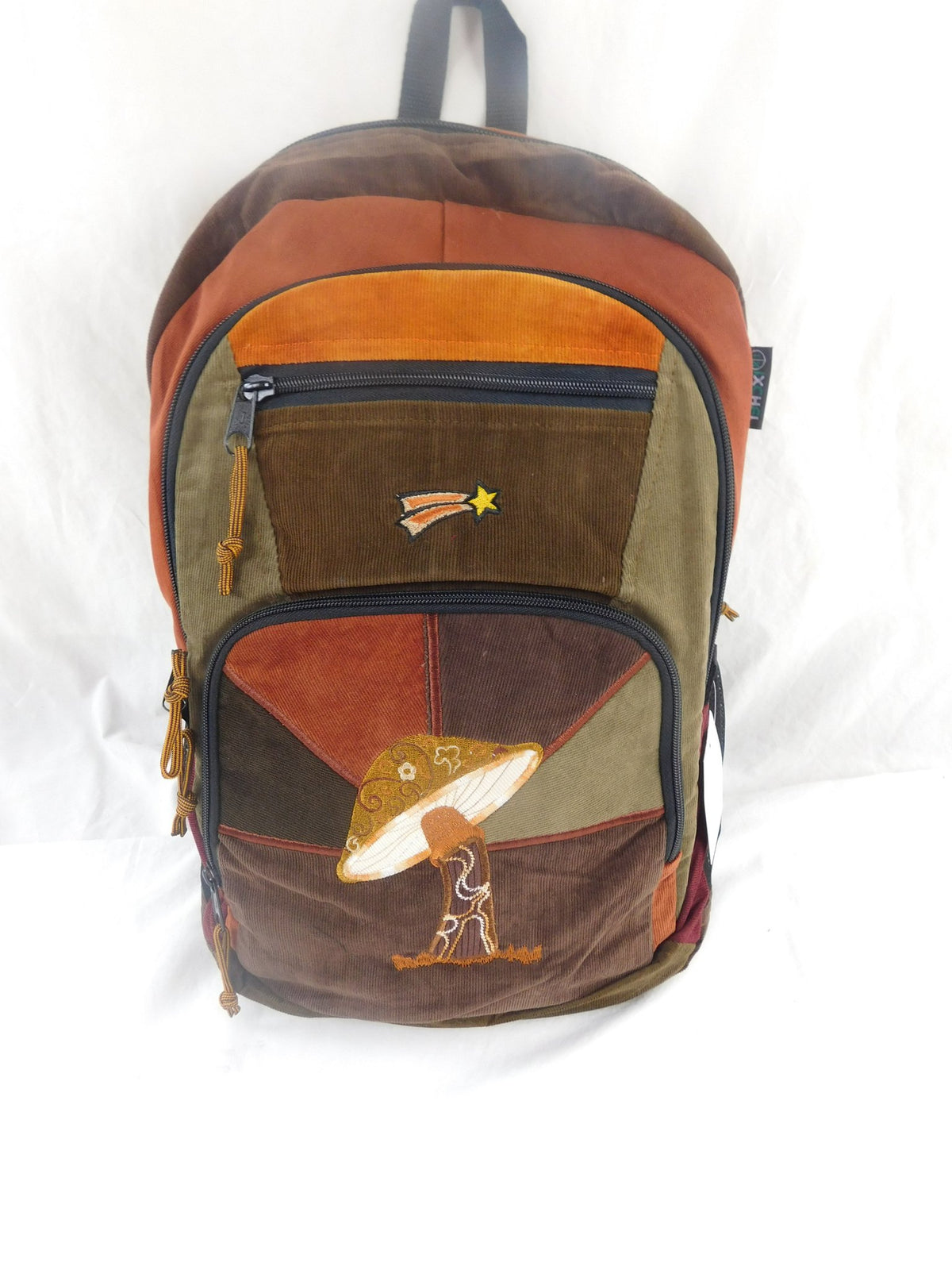 Patchwork Corduroy Backpack with Mushroom Applique
