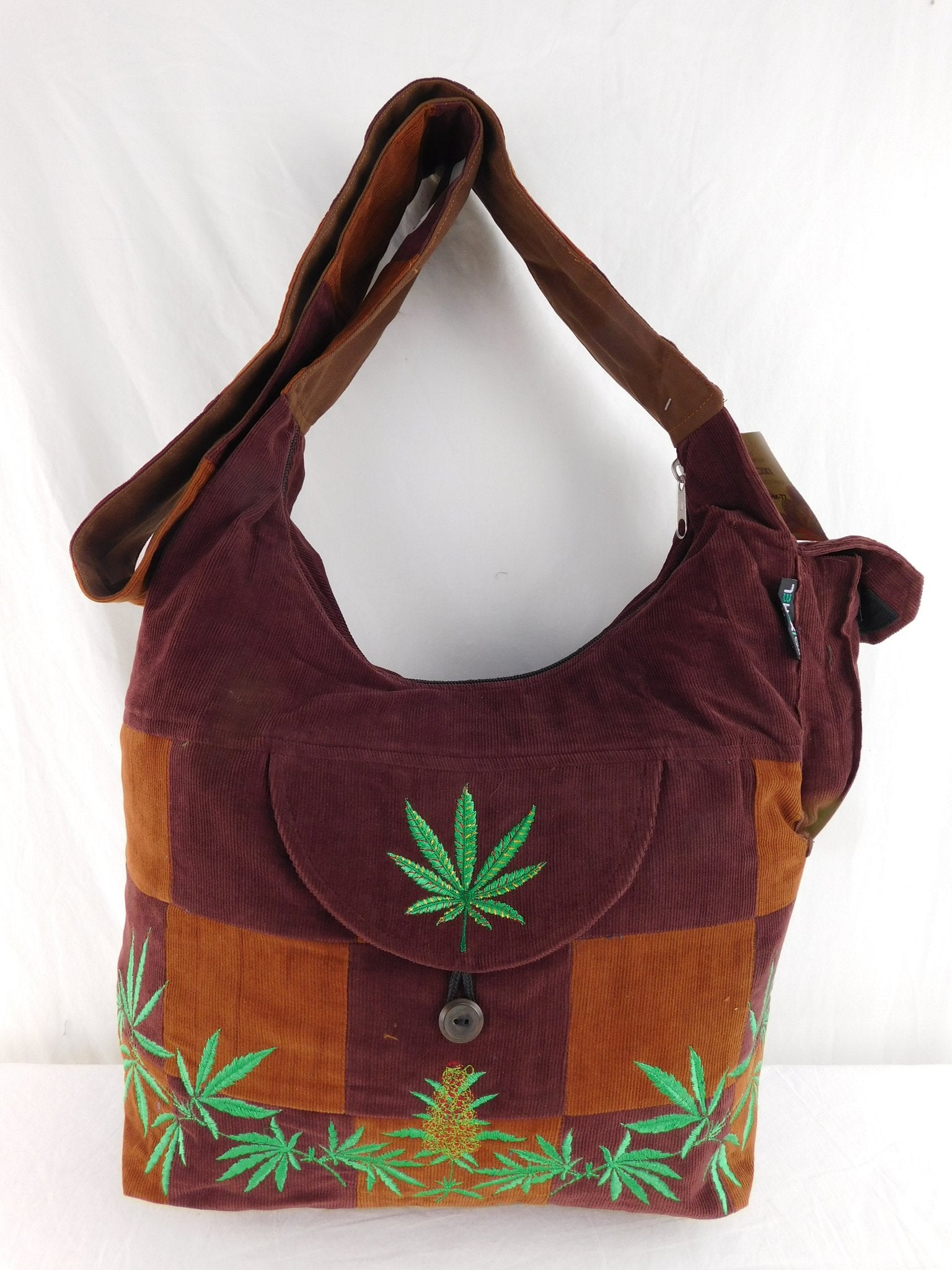 Patchwork Corduroy Saddle Bag with Ganja Leaf Emmbroidery