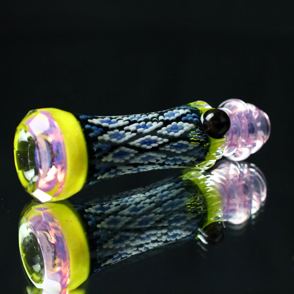 Rotational Science Glass Cold Worked & Faceted Peyote Stich Chillum #22 / PNK/YLW