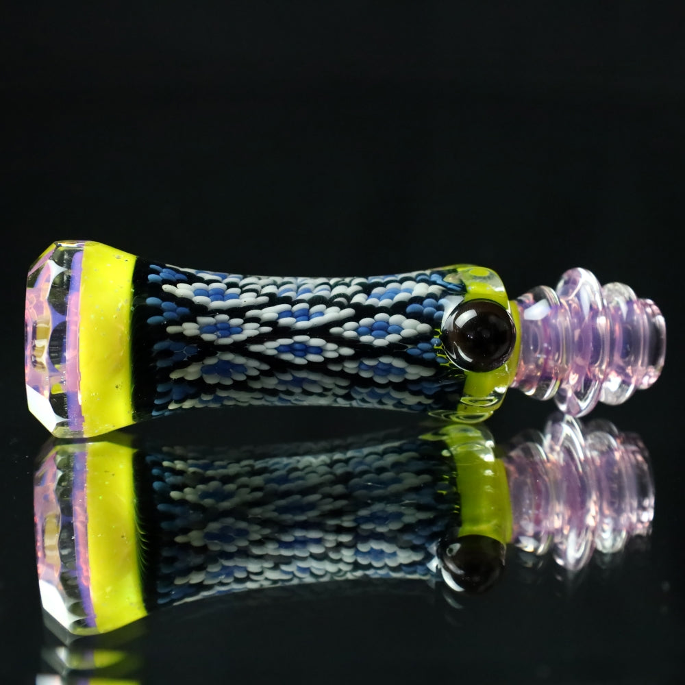 Rotational Science Glass Cold Worked & Faceted Peyote Stich Chillum #22 / PNK/YLW