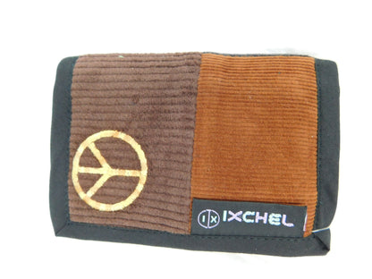 Three Fold Patchwork Corduroy Wallet with Peace Sign Embroidery