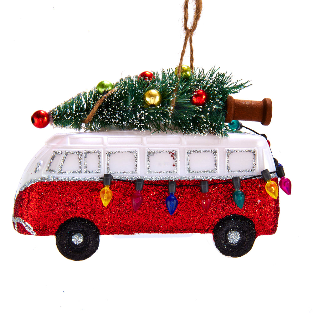 Van With Christmas Tree and Light Bulbs Ornament