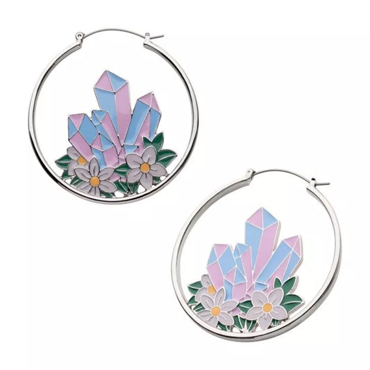 Enamel Crystal and Flower Plug Hoops - 20g