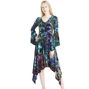 Tie Dye Bell Sleeve Asymmetric Midi Dress - Blue
