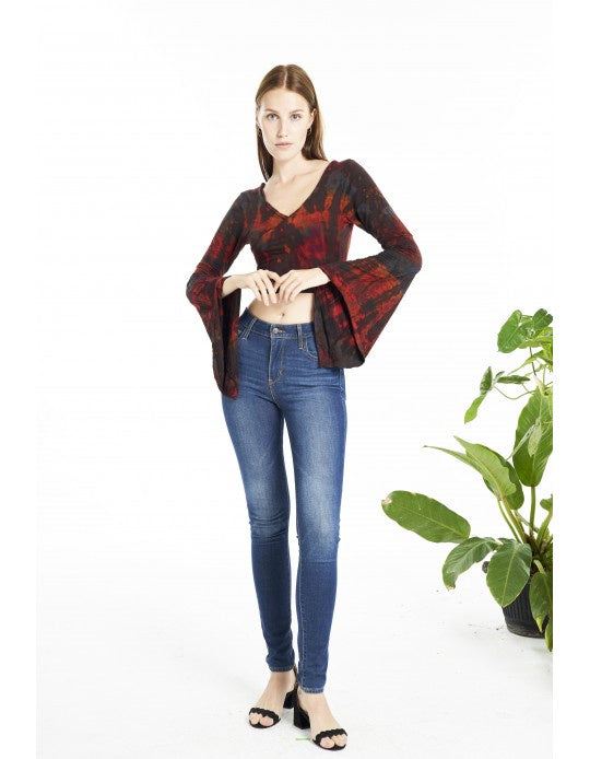 Tie Dye Long Bell Sleeve Crop Top with Lace up Back - Brown